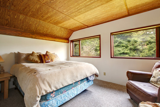 Cowboy bedroom with wood ceiling and wood view.
