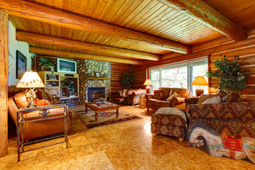 Log cabin living room interior. - obrazy, fototapety, plakaty
