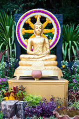 Sitting Buddha under tree at Golden Mountain Temple in Bangkok,T
