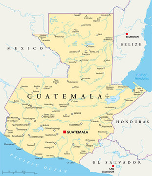 Guatemala political map with capital Guatemala City, national borders, most important cities, rivers and lakes. Illustration with English labeling and scaling. Vector.