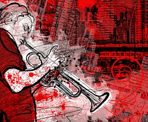 Tuinposter Muziekband trompettist op een grunge stadsgezicht achtergrond