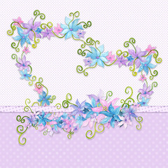 Floral heart frame made of watercolor painted flowers and swirls