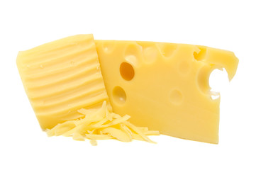 Grated Cheese and Chunk of Cheese Isolated on White Background