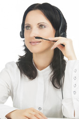 portrait of brunette call-center customer's support operator wit