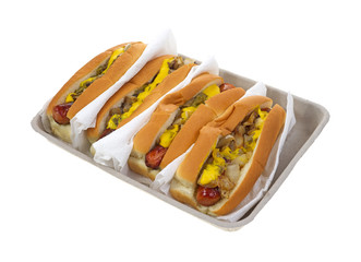 Hot dogs on cardboard tray