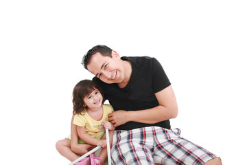 Father and daughter smiling - isolated over a white background