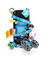 3ä illustration: Entertaining social mussel. The mobile phone an
