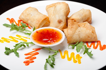 Spring Rolls with sauce on the plate