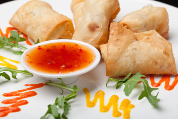 Spring Rolls with sauce on the plate