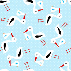 Seamless Pattern Stork With Baby Boy Blue Dots