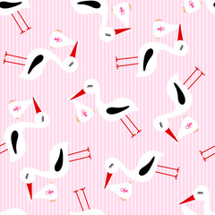 Seamless Pattern Stork With Baby Girl Pink Stripes