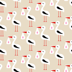 Seamless Pattern Stork With Baby Girl Diagonal Beige