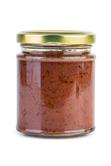 Glass jar with paste maded from red olives (Calamata)