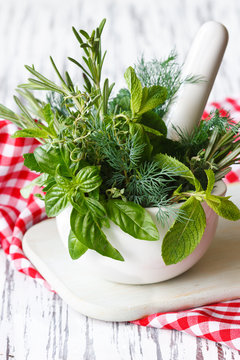 Mortar and herbs.