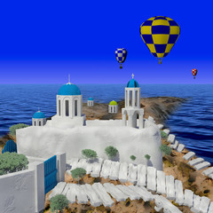 Obraz premium Greece style building with colorful hot air balloons