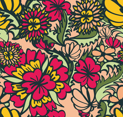 Seamless hand drawn floral ornament with red and yellow flowers
