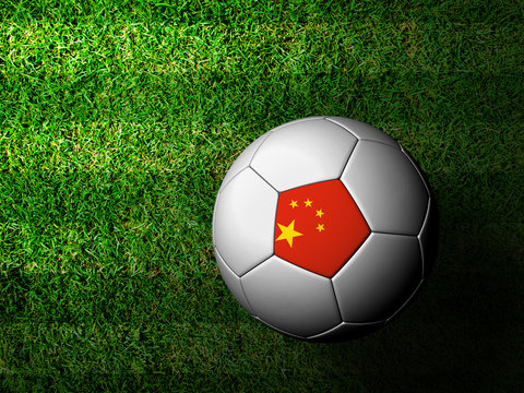 China Flag Pattern 3d rendering of a soccer ball in green grass
