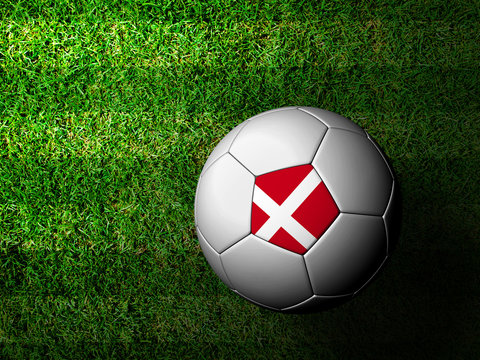 Denmark Flag Pattern 3d rendering of a soccer ball in green gras