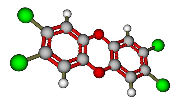 Poison 2,3,7,8-Tetrachlorodibenzo-p-dioxin (dioxin). 3D view