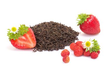 Herbal black tea with strawberry on white background