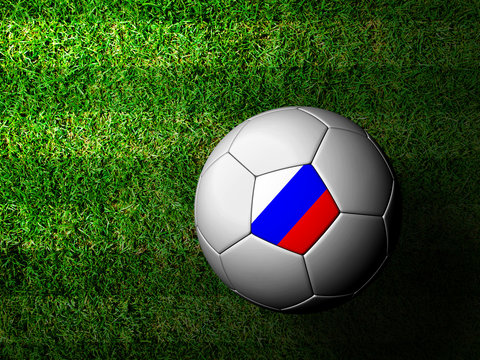 Russia Flag Pattern 3d rendering of a soccer ball in green grass