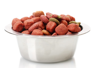 dry dog food in metal bowl isolated on white