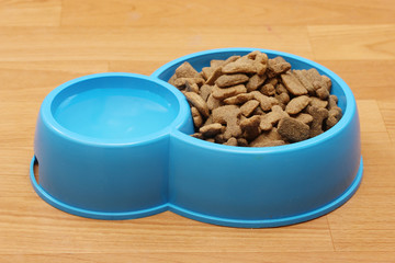 dry dog food and water in blue bowl on the floor