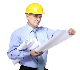 man architect with helmet and drafts isolated on white