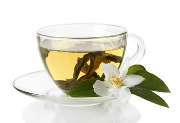 cup of green tea with jasmine flowers isolated on white