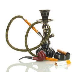 Smoking tools - a hookah, cigar, cigarette and pipe isolated