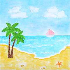 Summer Sea Beach Landscape, Watercolor Hand Drawn and Painted