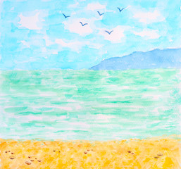 Fototapeta na wymiar Sea or Ocean Summer Landscape, Watercolor Hand Drawn and Painted