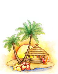Watercolor illustration of the tropical beach