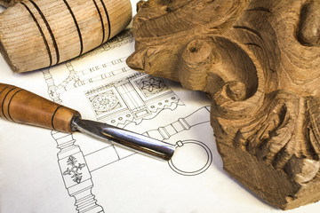 wood carving with work tools,isolated