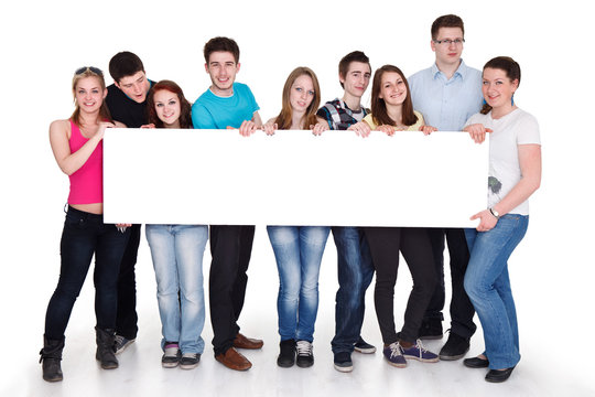 Group Of Happy People Holding Banner, Isolated