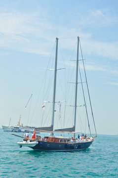 Sailing boat sails to Europe in Bosporus