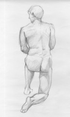 Fototapeta na wymiar Human figure of a naked man from back, charcoal sketch
