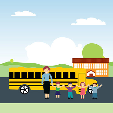 vector illustration schoolchildren and school bus