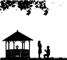 Romantic proposal in park next to the arbor or summer house