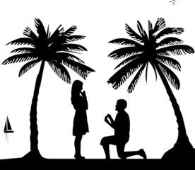 Romantic proposal on seacoast between the palms on the beach