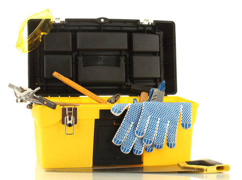 Open Yellow Tool Box With Tools Isolated On White Background