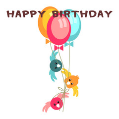 Happy birthday card with birds holding balloons