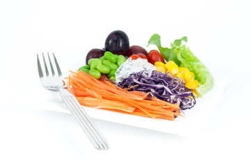 Salads, vegetables and fruits,isolated on white background.