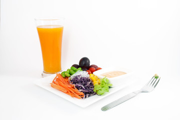 Salads, vegetables and fruits,isolated on white background.