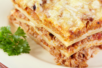 Italian cuisine. Meat lasagna closeup