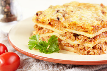 Italian cuisine. Meat lasagna  on the served table
