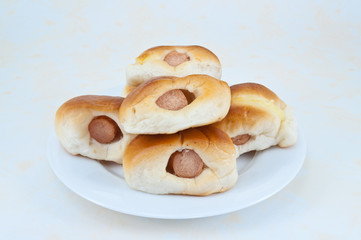 Sausage Bread on a plate, On a white background