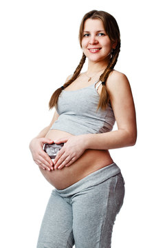 Pregnant woman with  ultrasound image. Isolated on white