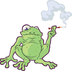 The fat frog is smoking the cigarette