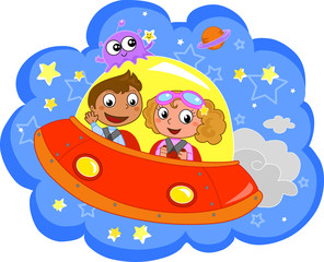 Bambini che viaggiano nello spazio su una navicella, vettore